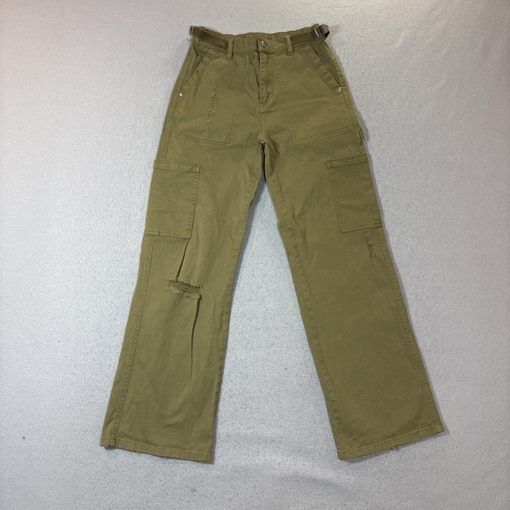 Ultra Flirt Women's Utility Cargo Pant‎ Wide Leg High Rise Relaxed Small Green